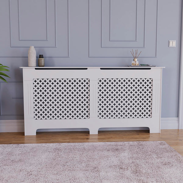 Vida Designs Oxford Radiator Cover – Traditional Cross Pattern, Olive Grey, MDF, Modern Painted Finish, Heat Efficient, Small, (H 82 x W 78 x D 19 cm)