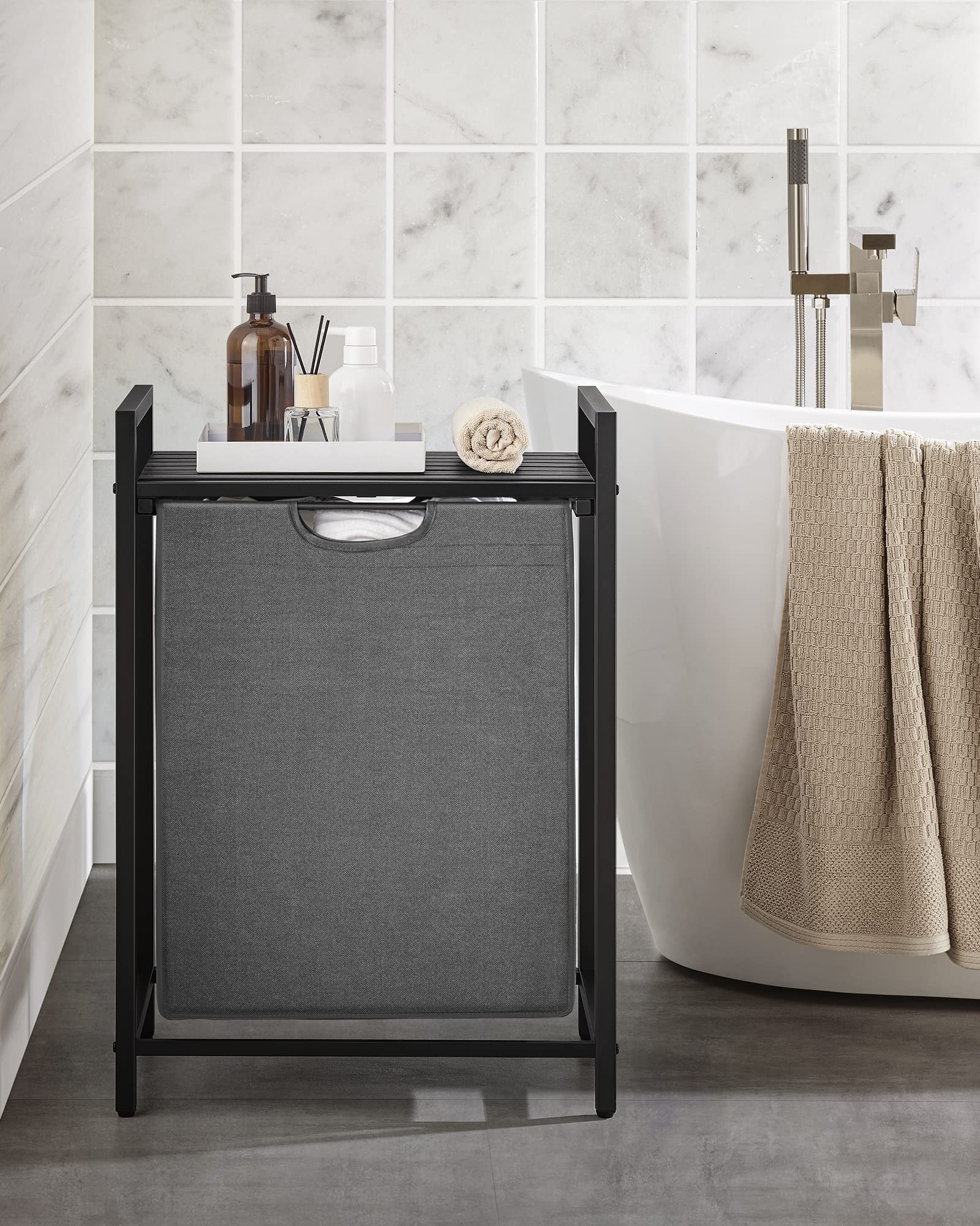 VASAGLE Laundry Basket, Laundry Hamper, Pull-Out and Removable Liner Bag, Shelf, Metal Frame, 65 L, 50 x 33 x 72 cm, Ink Black and Rustic Brown BLH101B01