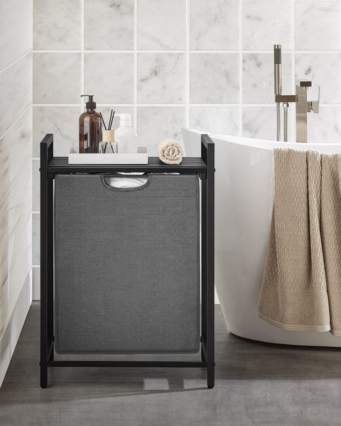 VASAGLE Laundry Basket, Laundry Hamper, Pull-Out and Removable Liner Bag, Shelf, Metal Frame, 65 L, 50 x 33 x 72 cm, Ink Black and Rustic Brown BLH101B01