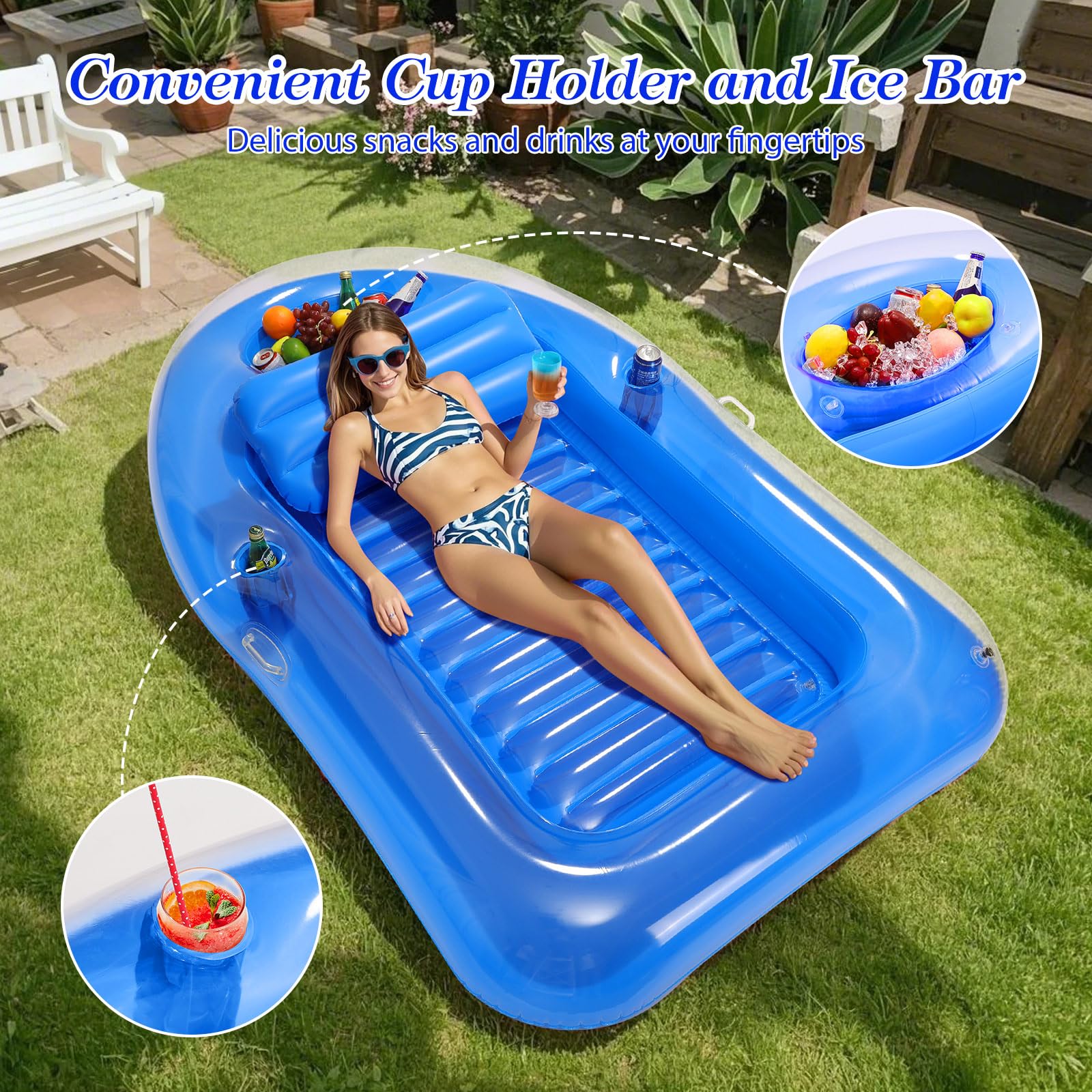 MoKo Pool Floats Adult, Floating Bed with Ice Bar, Tanning Bed Pool Raft Inflatable Lounger with Drink Holder Tanning Chair Inflatable Pool Toys for Party Beach Backyard