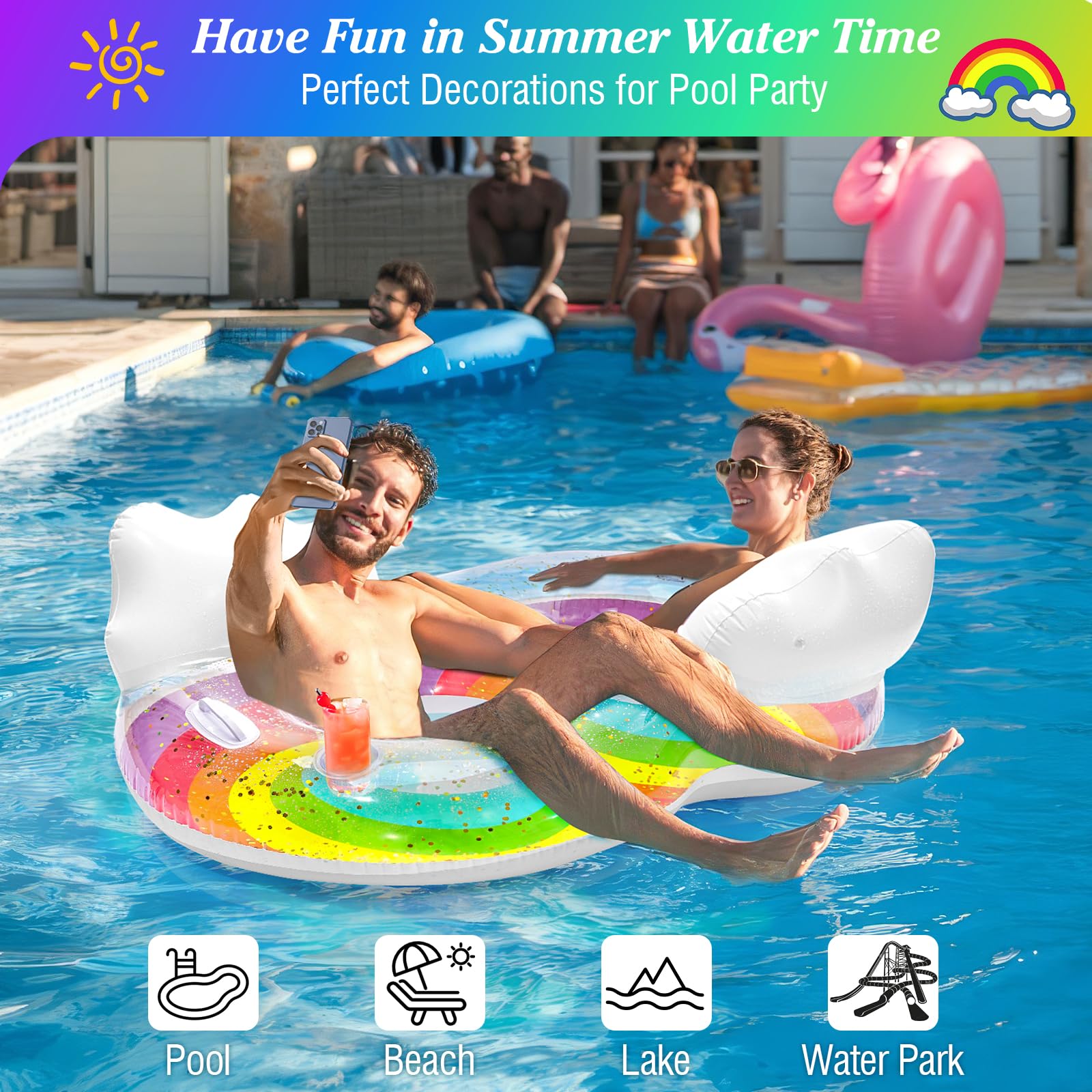MoKo Pool Floats Adult, Floating Bed with Ice Bar, Tanning Bed Pool Raft Inflatable Lounger with Drink Holder Tanning Chair Inflatable Pool Toys for Party Beach Backyard
