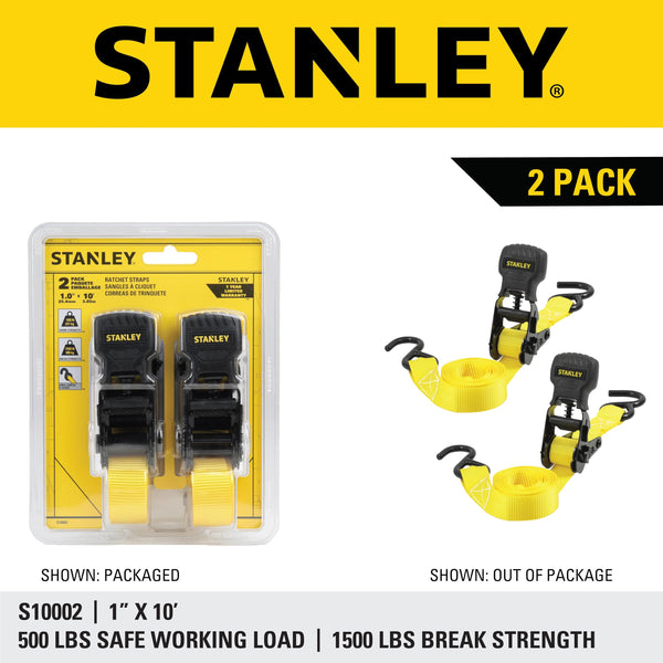 STANLEY S1007 Black/Yellow 1.5" x 16' Ratchet Tie Down Straps - 1,100 lb Safe Working Load / 3,300 lb Break Strength, 2 Pack