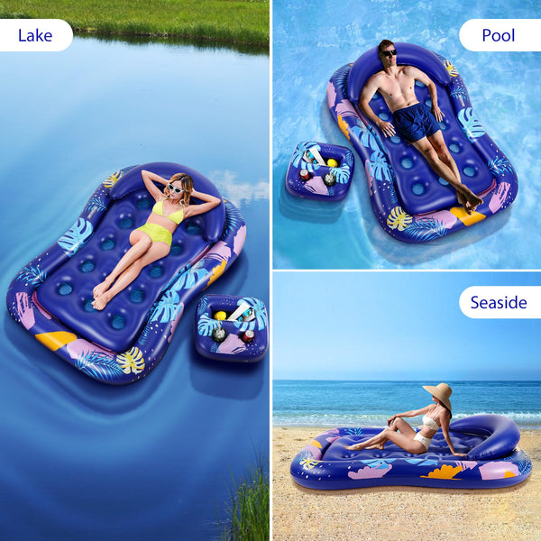 MoKo Pool Floats Adult, Floating Bed with Ice Bar, Tanning Bed Pool Raft Inflatable Lounger with Drink Holder Tanning Chair Inflatable Pool Toys for Party Beach Backyard