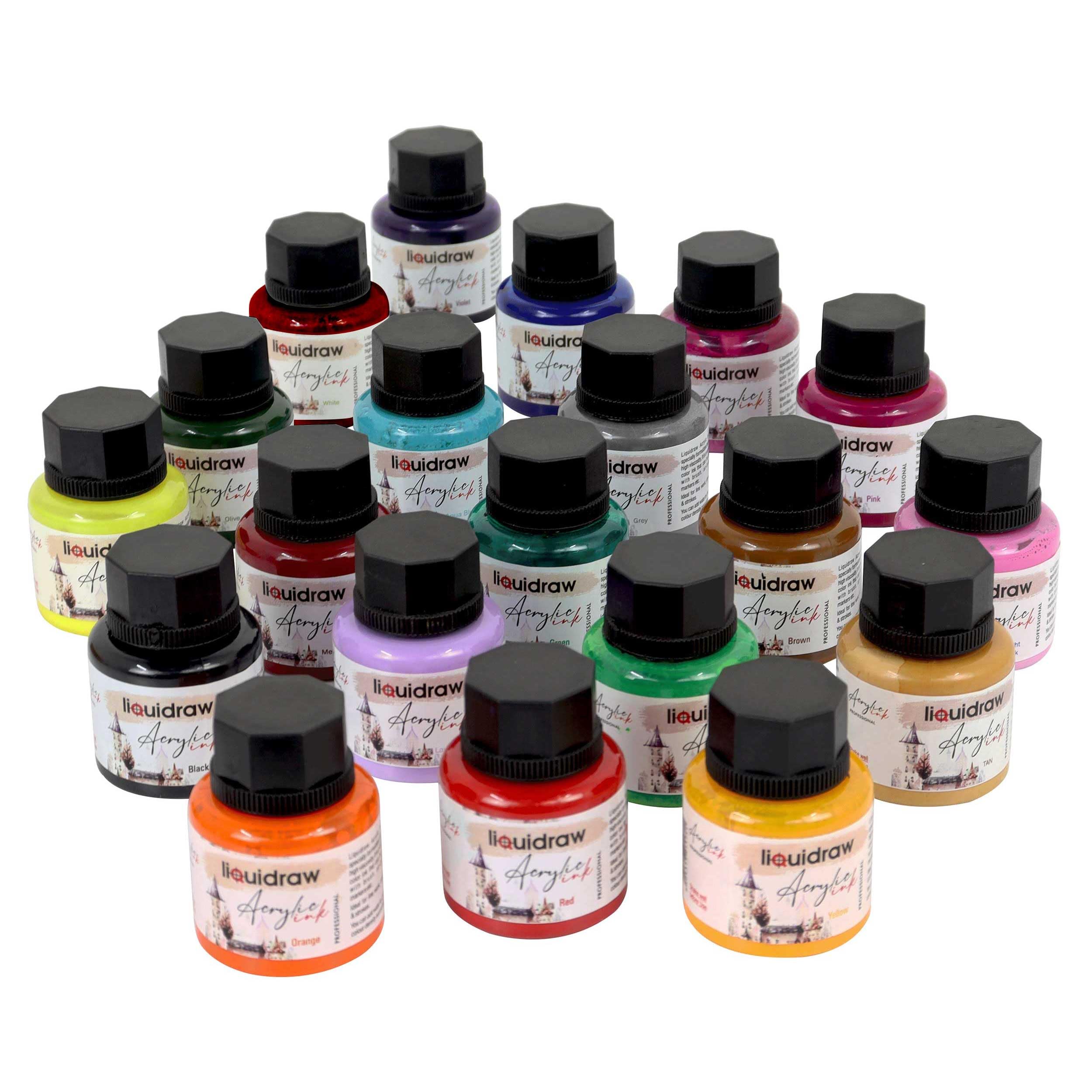 Liquidraw Acrylic Inks for Artists Set of 20 Waterproof Ink Set 35ml Professional for Painting, Drawing, Paints, Art, Brushes, Paper, Board, Canvas,