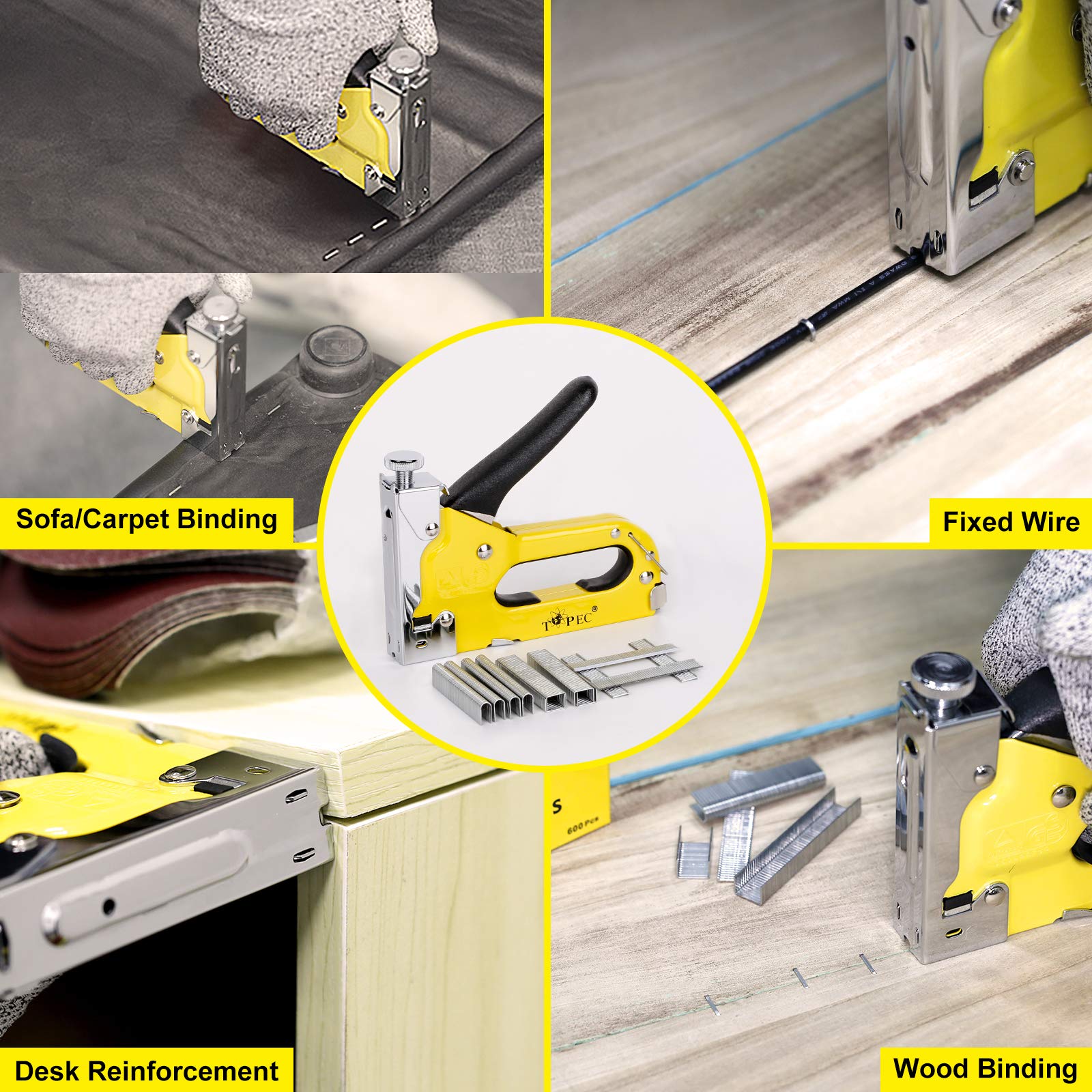 Upholstery Staple Gun Heavy Duty, TOPEC 3-in-1 Stapler Gun with 600 Staples, Manual Brad Nailer Power Adjustment Stapler Gun for Wood, Crafts, Carpentry, Decoration DIY