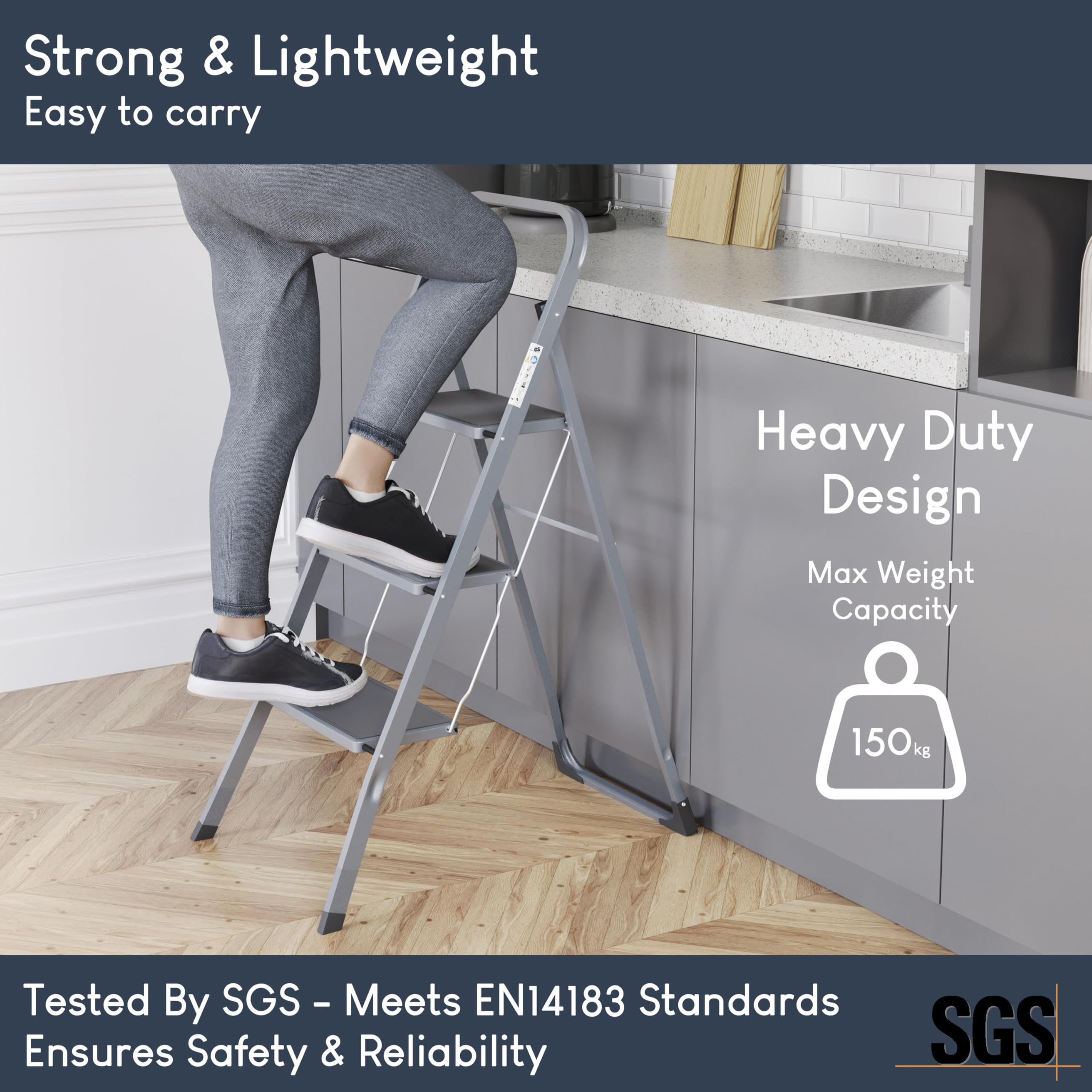 Home Vida 3 Step Ladder - Heavy Duty Steel Folding Ladder with Slip-Resistant and Wide Steps, Folding Mechanism, 150kg Max Load, Home/Kitchen/DIY/Garden Use, White