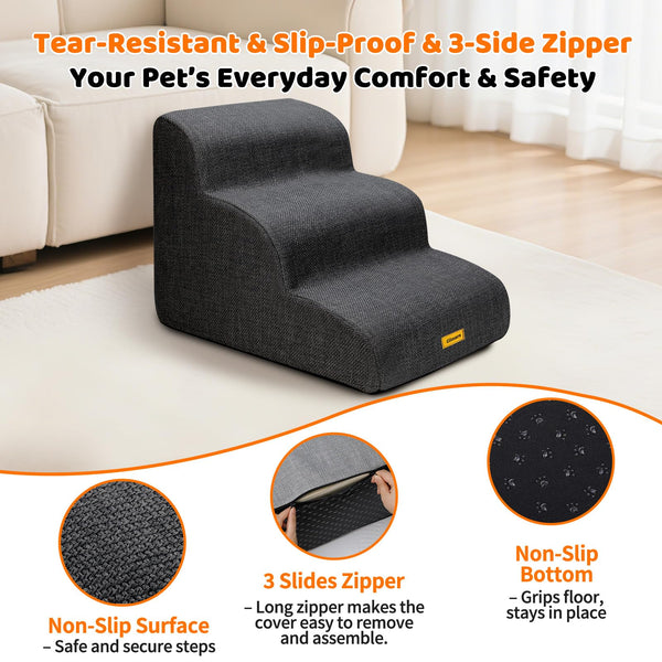 Gimars 30D High-Density Foam & Extra-Wide, Stable 3-Step Dog Stairs, 40cm High Pet Stairs with Washable Cover & Non-Slip Base, Portable Ramp for Small Dogs to Sofa, Bed, Couch, Car