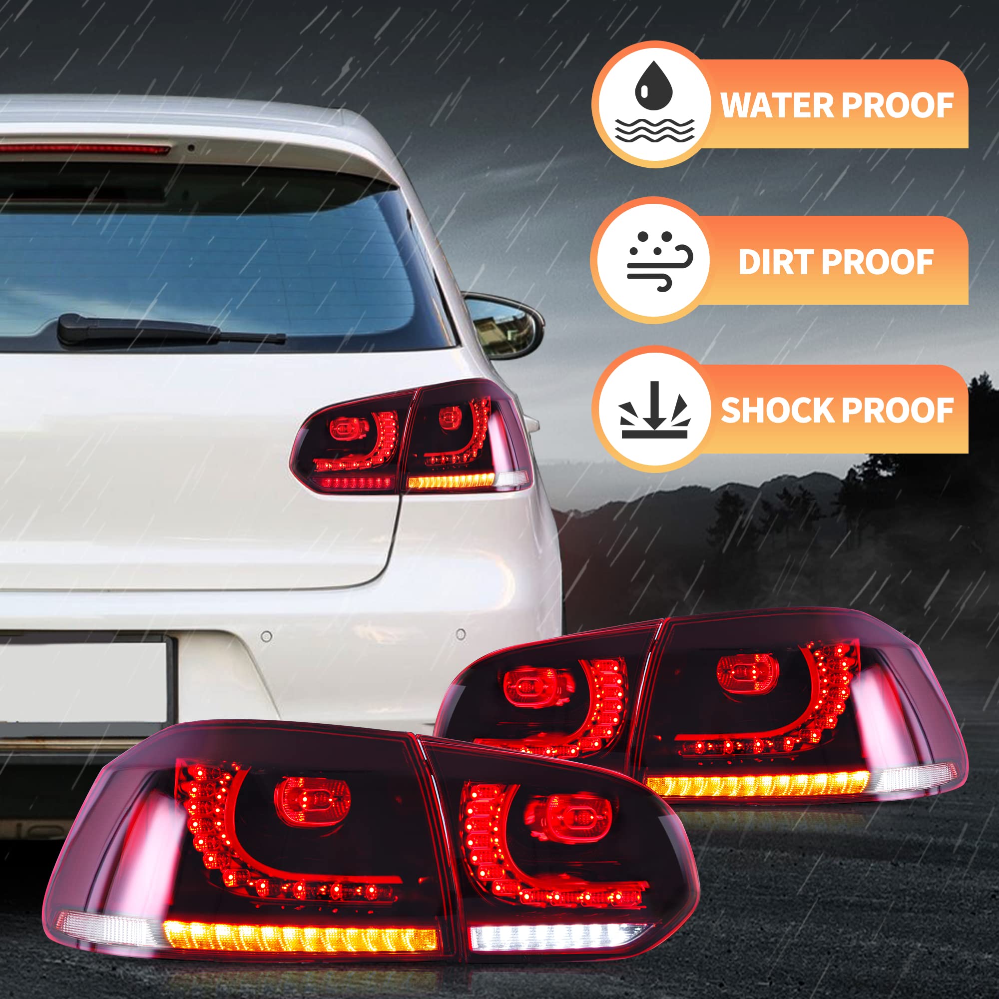 VLAND LED Rear Lights for Golf6 MK6 GTD R TSI 2008-2013 Tail Lights Lamps Assembly with Sequential Indicator, E-mark, One Pair (Smoked)