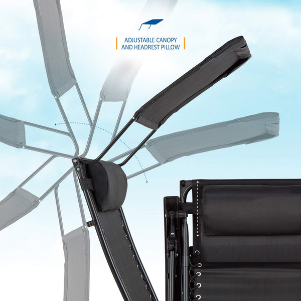 Set of 2 Sun Lounger Garden Chairs With Cup And Phone Holder | Adjustable Headrest Pillow | Deck Folding Recliner Zero Gravity Outdoor Chair - Black