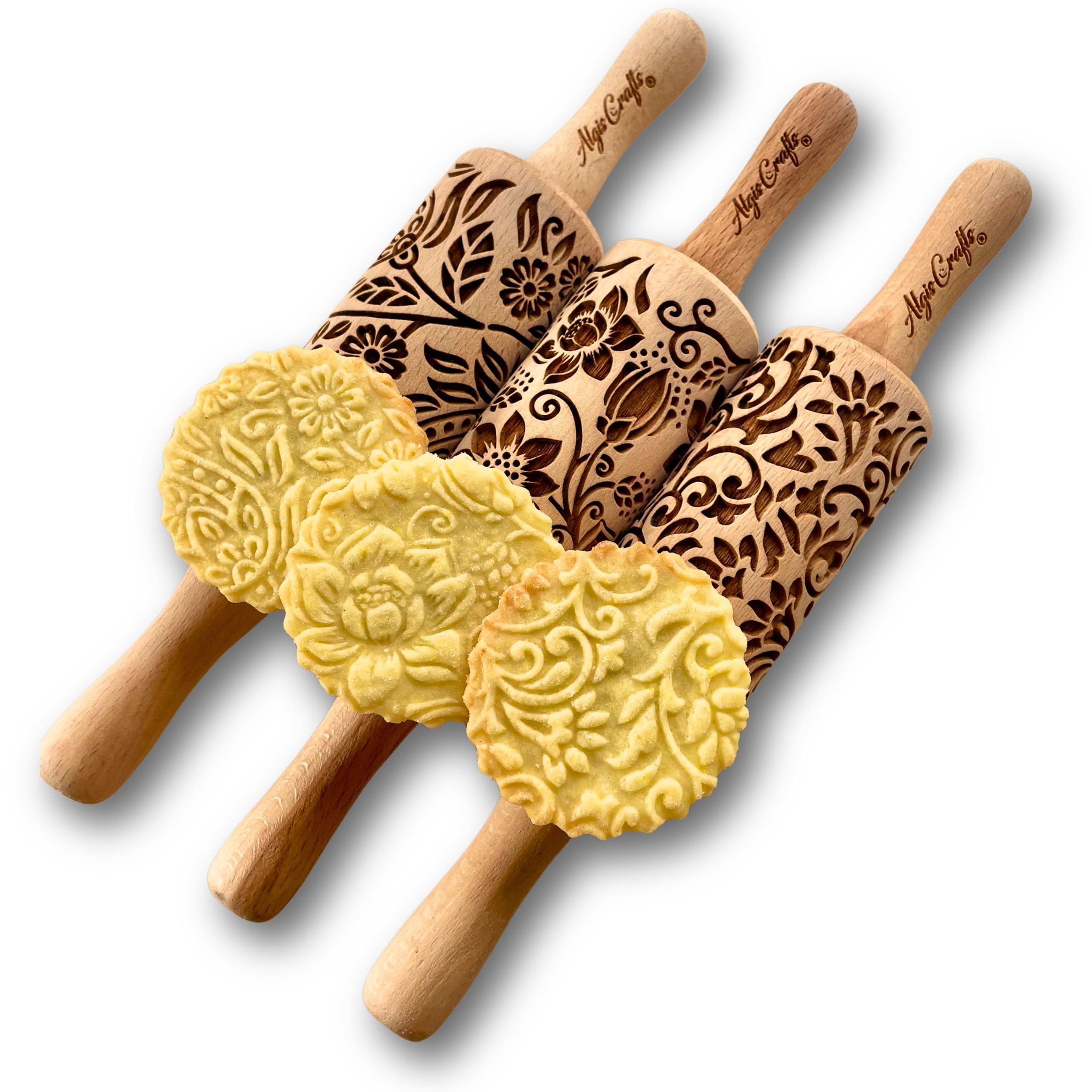 FLORET 3 Kid Rolling Pin Set with Lotus, Kashmir, Paisley, Flowering Vine, Lily Flowers Patterns. Wooden Laser Cut Mini Rolling Pins for Cookies, Play