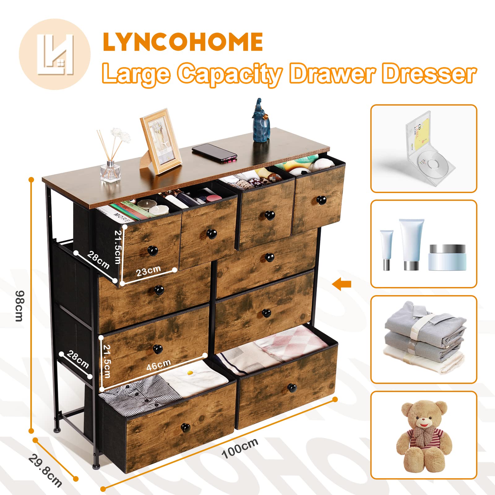 LYNCOHOME Chest of Drawers with 10 Drawers,Wooden Top Bedroom Furniture & Storage Unit for Closet, Living Room, Hallway, Rustic Brown