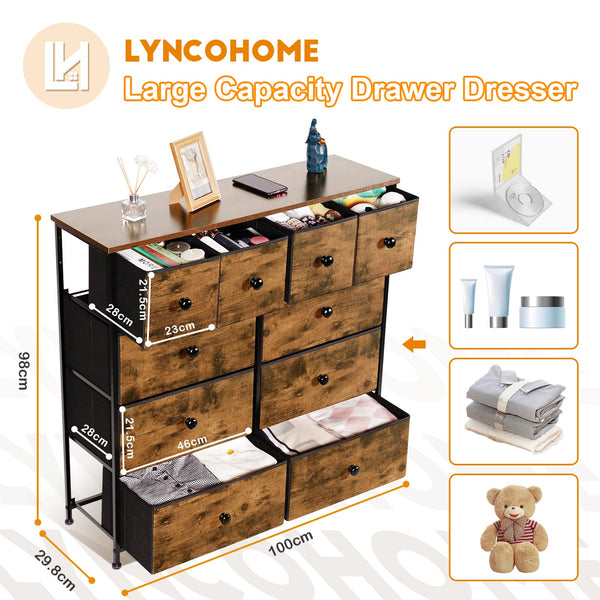 LYNCOHOME Chest of Drawers with 10 Drawers,Wooden Top Bedroom Furniture & Storage Unit for Closet, Living Room, Hallway, Rustic Brown