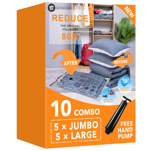 GONGSHI Vacuum Storage Bags (3 x Jumbo, 3 x Large, 3 x Medium, 3 x Small), Space Saver Sealer Compression Bags with Travel Hand Pump