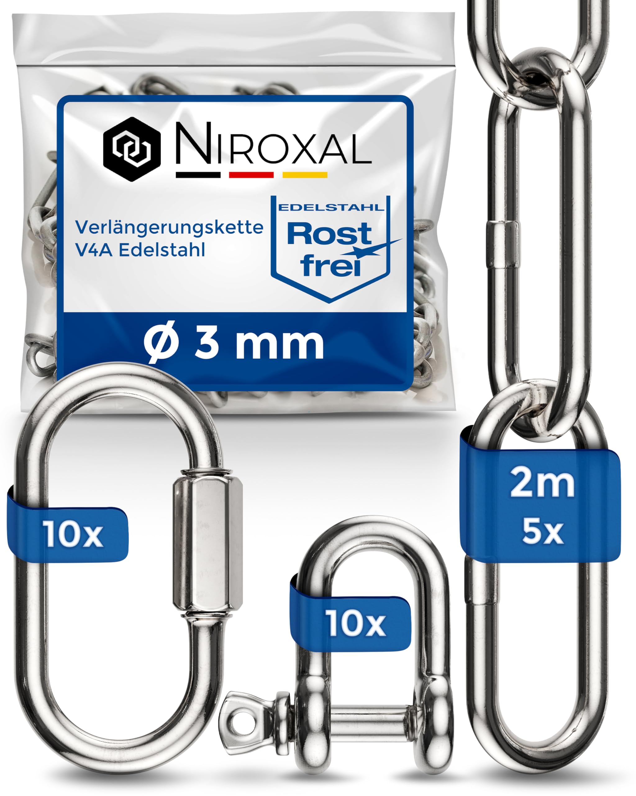 5 Pieces 200-cm = 2-Meter 3 mm Thick Stainless Steel Chain Breaking Load max 350 kg with Shackle Screw connectors Made of V4A mounting Set Suspension