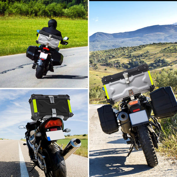 VOKKA Motorcycle Top Box, 65L Aluminium Alloy Waterproof Dustproof and Anti-Theft, Luggage Box for Storage Helmet, Motorbike Top Case with Backrest and Baseplate (Silver)