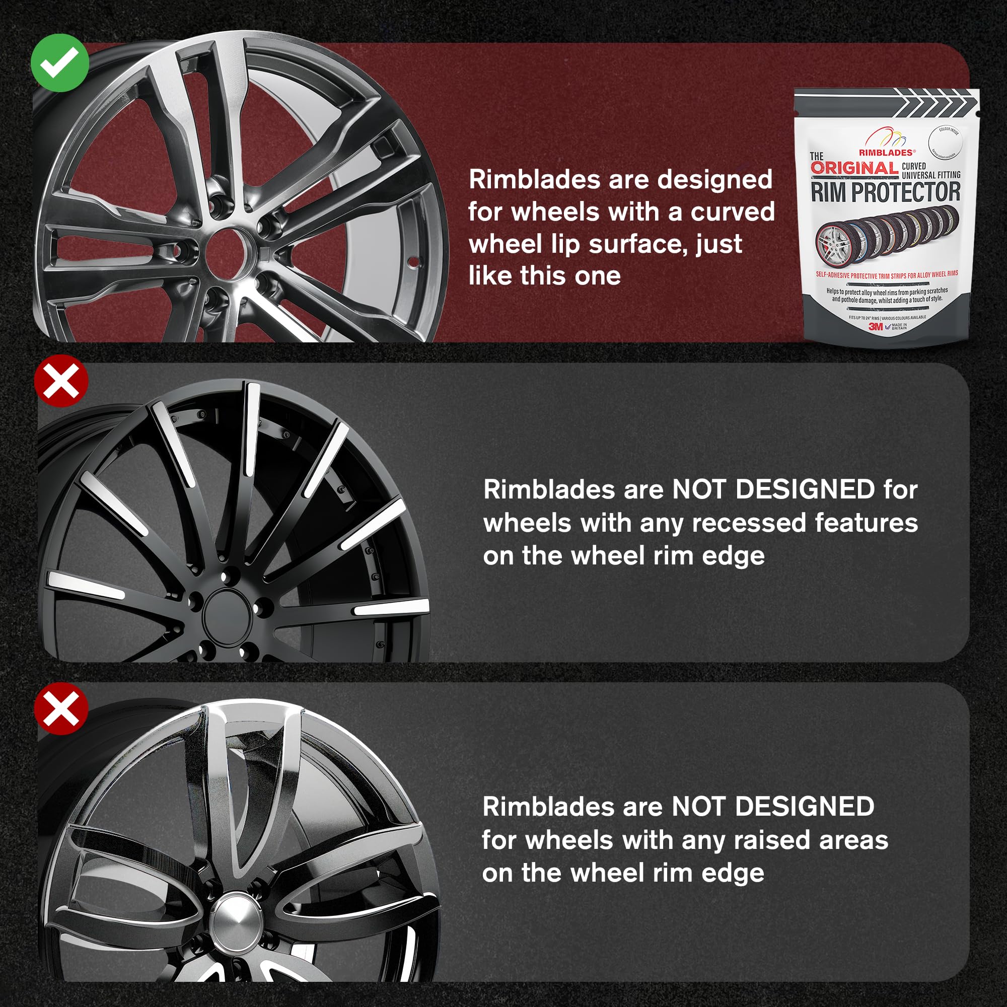 Rimblades Original Black Alloy Wheel Protectors - DIY | 9 Colours Available | Universal Fit for All Wheels | Durable Rim Guards | Car Wheel Scratch Protection | Rim Protection