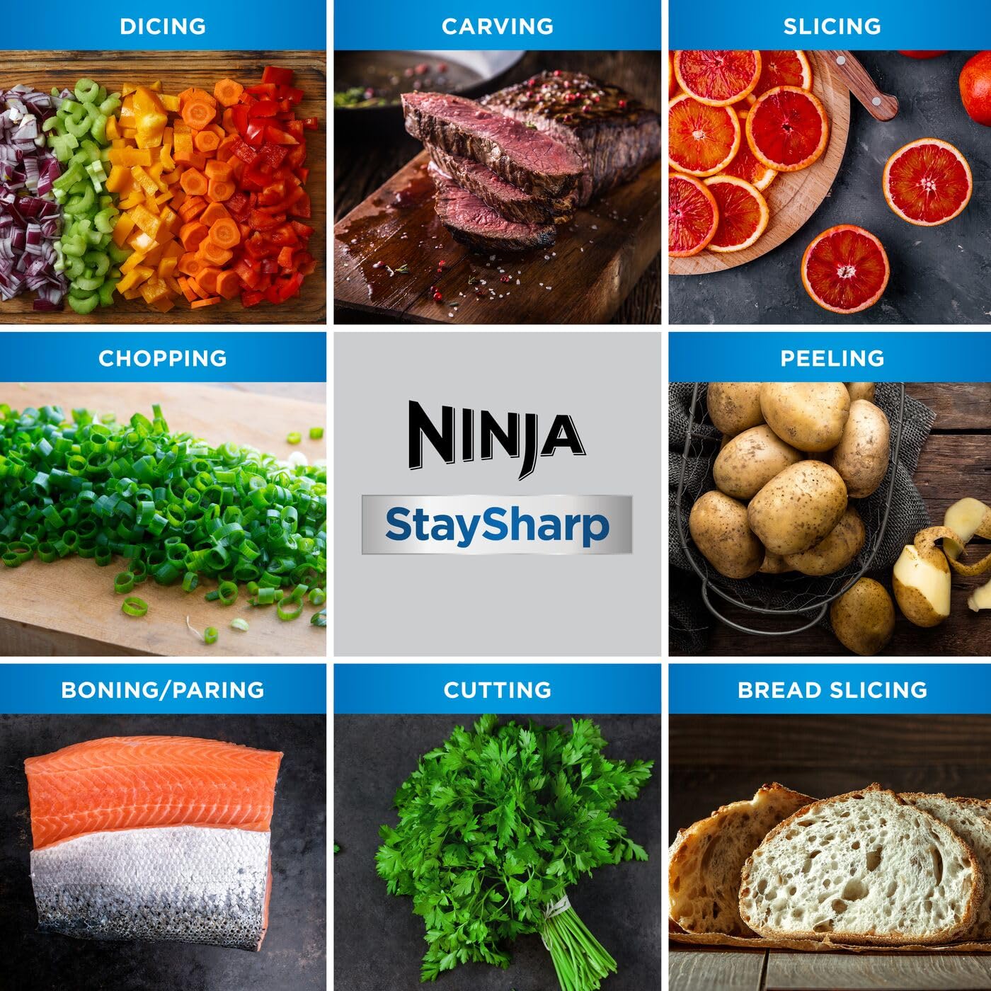 Ninja Foodi StaySharp Knife Block with Integrated Sharpener, 5-Piece Knife Set includes Chef, Bread, Slicing, Utility, Paring Knives, Stainless Steel K32005UK, Black