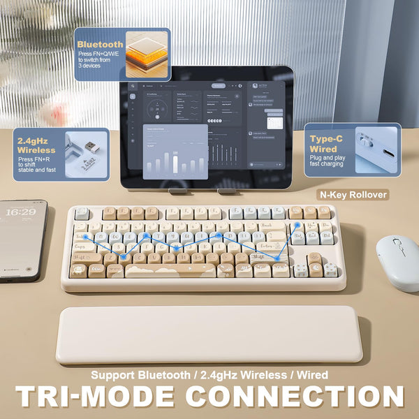 YUNZII B87 Wireless Mechanical Keyboard,QMK/VIA Software Custom Gaming,Gasket RGB Keyboard with Cute MOA Keycaps,Wrist Rest,BT5.0/2.4G/USB-C NKRO for Win/Mac (butter, milk v2 linear)