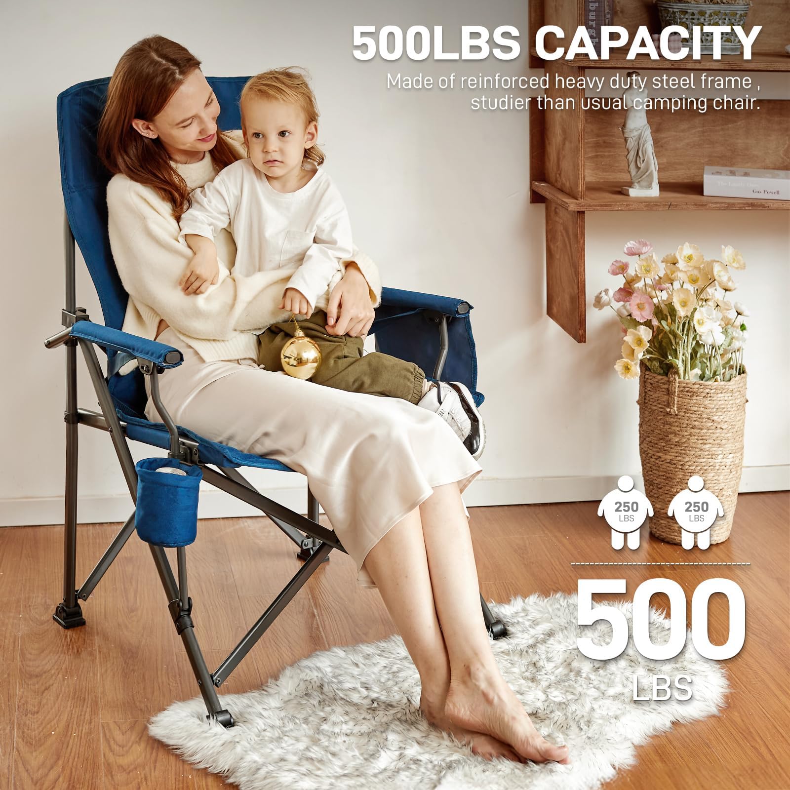 EVER ADVANCED Camping Chair for Adults Oversized 230KG, Folding Chair for Heavy People with Side Pocket, Heavy Duty Extra Wide with Hard Armrest Foldable Garden Fishing Outdoor Fold up