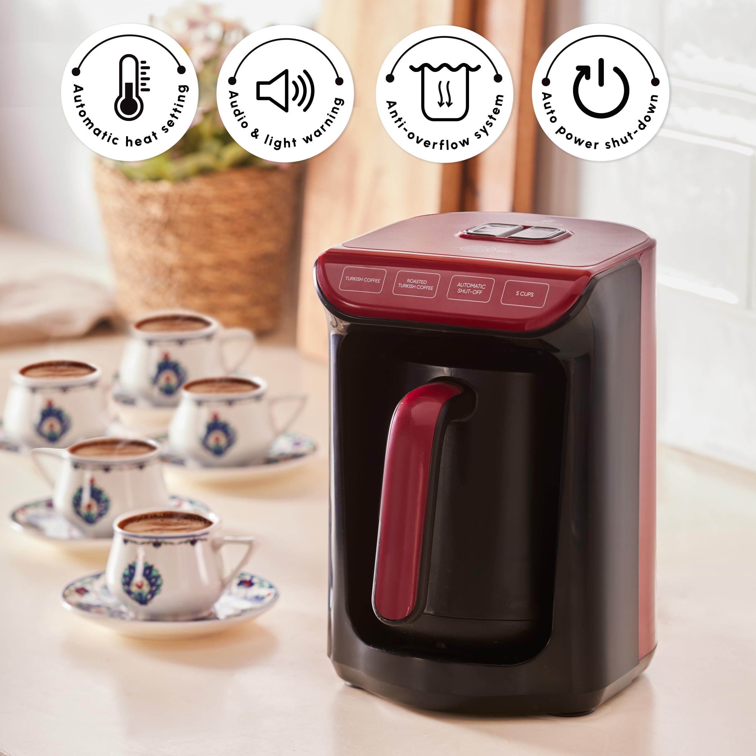 KARACA Hatr Kz Turkish Coffee Machine for 5 People, 535W, Fully Automatic, Simple & Traditional Turkish Coffee Maker, Red