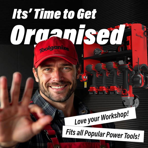 Toolganize Power Tool Organiser, Storage Rack with Power Strip Charging Station, Heavy-Duty for Workshop & Garage Tools - 4 Slot, Milwaukee Red.