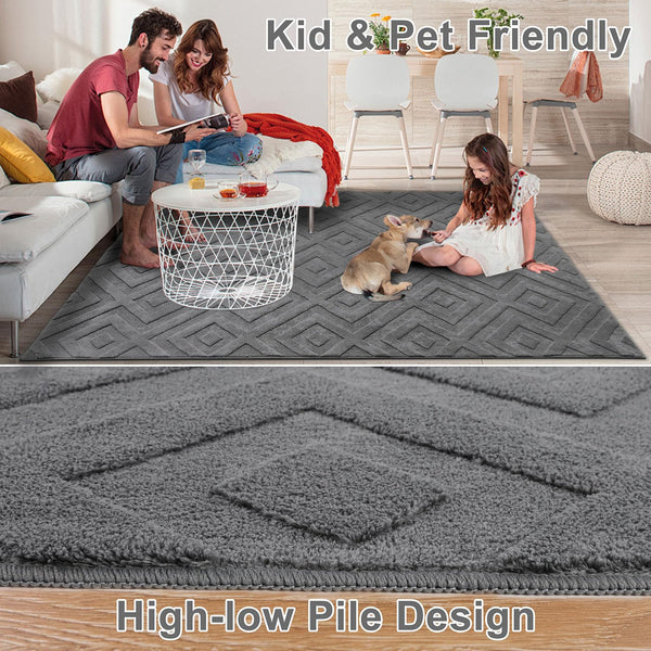 SHACOS Washable Rug Living Room 140 x 200 cm Large Rug Modern Grey Area Rug for Living Room, Bedroom, Non-Slip Rug, Ultra Soft Floor Carpet, Geometric
