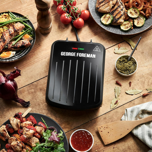 George Foreman Large Electric Fit Grill [Non stick, Healthy, Griddle, Toastie, Hot plate, Panini, BBQ, Energy saving, Vertical storage, Easy clean, Drip tray, Ready to cook light] Black, 2400W 25820