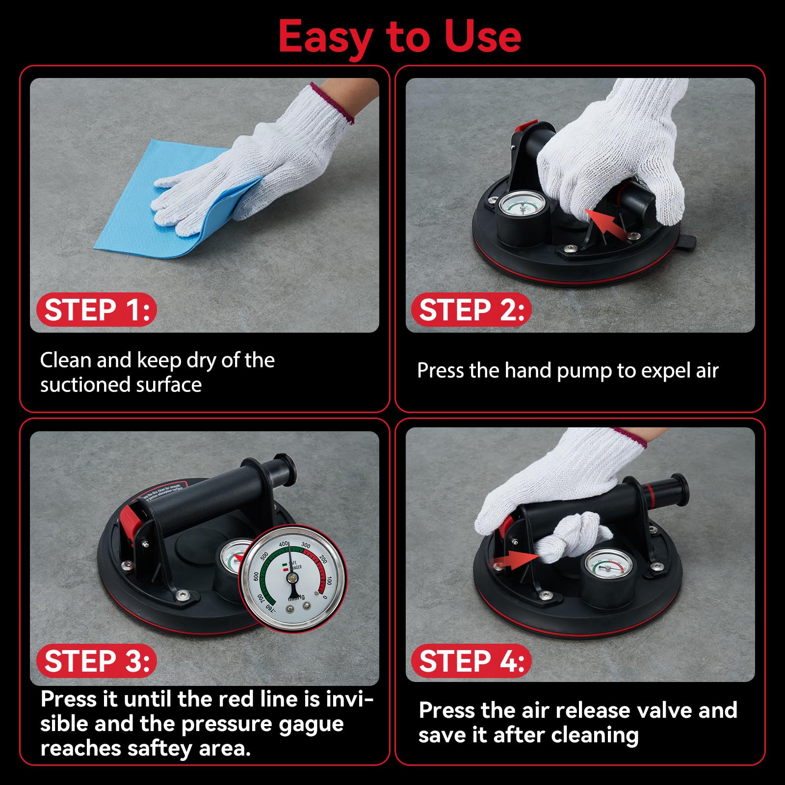 Avhrit 8-Inch Tile Suction Cups Lifter with Pressure Gauge, 485 lbs/220 kg Load Capacity, Heavy Duty Glass Vacuum Suction Cup for Replacing Auto Windshields, Tiles, Granite, and Floors (Two Cups)