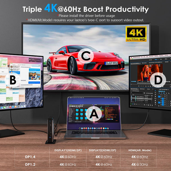 WAVLINK USB C Docking Station with 3 HDMI, Displaylink Laptop Dock Triple Monitor 4K60Hz, 100W Charging for M1 M2 M3 M4 Mac and Windows, 5 USB Ports, 2DP, 1Gbps Ethernet Port, Audio/Mic, SD/TF