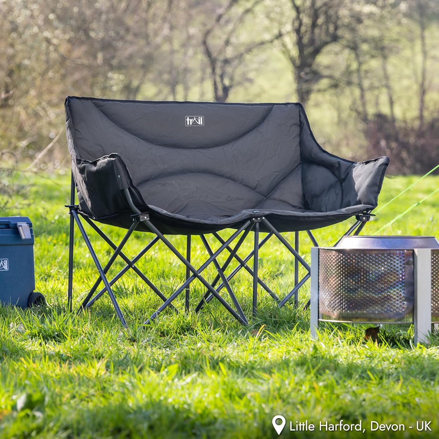 Trail Double Camping Chair for Adults, Folding Padded 2 Seater, Sturdy Heavy Duty Steel, Luxury Duoweave Fabric, Lightweight Compact, Outdoor Fishing Garden, Pocket, Carry Bag (H88cm x W120cm x D53cm)