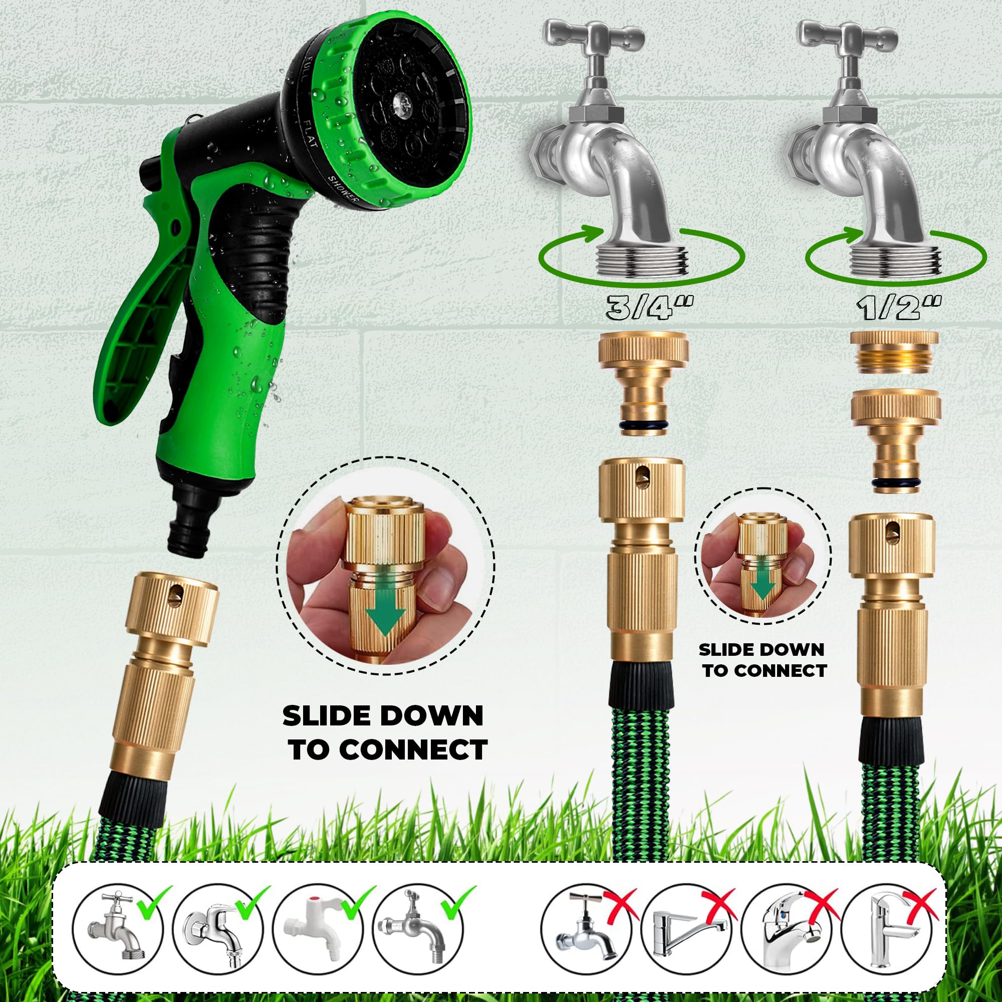 HOMEPROTEK Expandable Garden Hose 50ft / 15m - Retractable Garden Hose Pipe Spray Gun Including 9 Modes, 3-Layer Latex No-Kink Flexible Water Hose