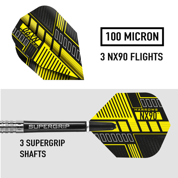 Harrows NX90 90% Tungsten Steel Tip Darts Set 21g, 22g, 23g, 24g, 25g & 26g - Includes Black Supergrip Midi Shafts & Micron NX90 Flights (23g)