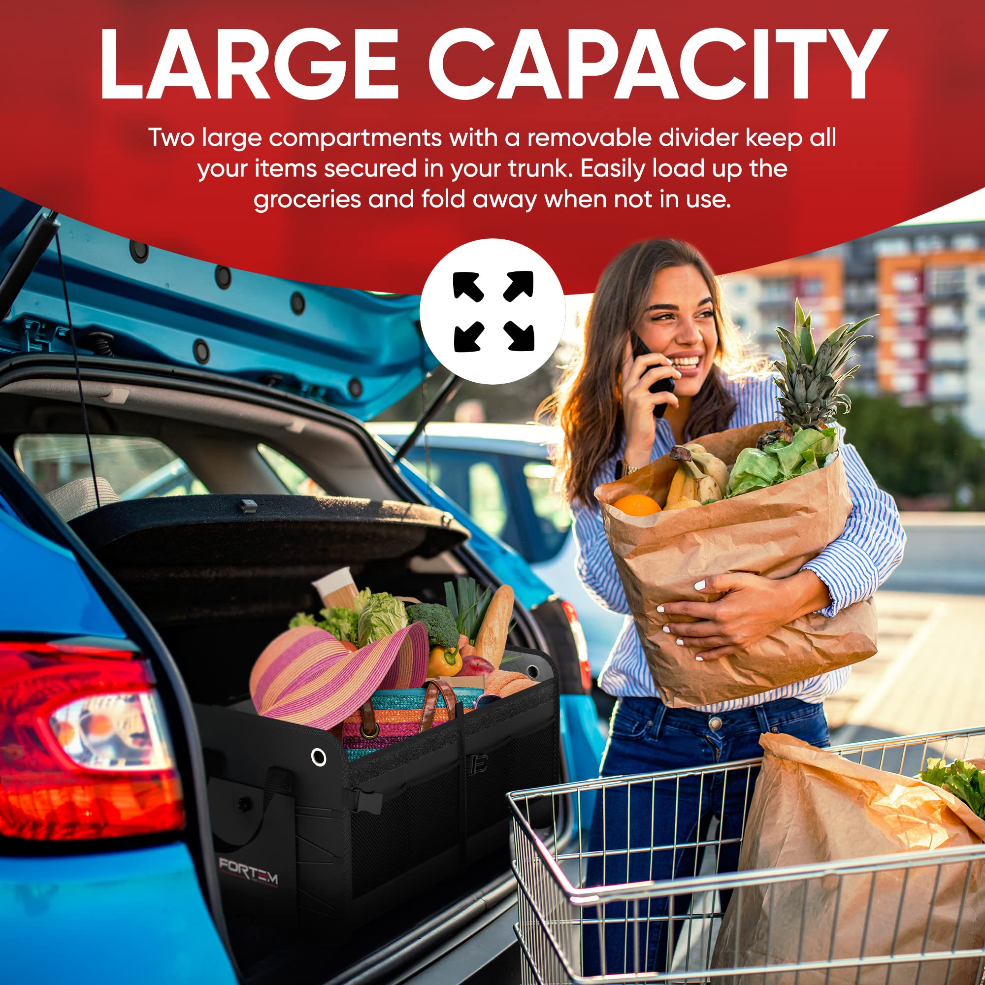 FORTEM Car Boot Organiser, SUV Boot Tidy, Trunk Storage, Collapsible Multi Compartment Car Organiser, Non Slip Bottom, Adjustable Securing Straps, Foldable Cover (65L)