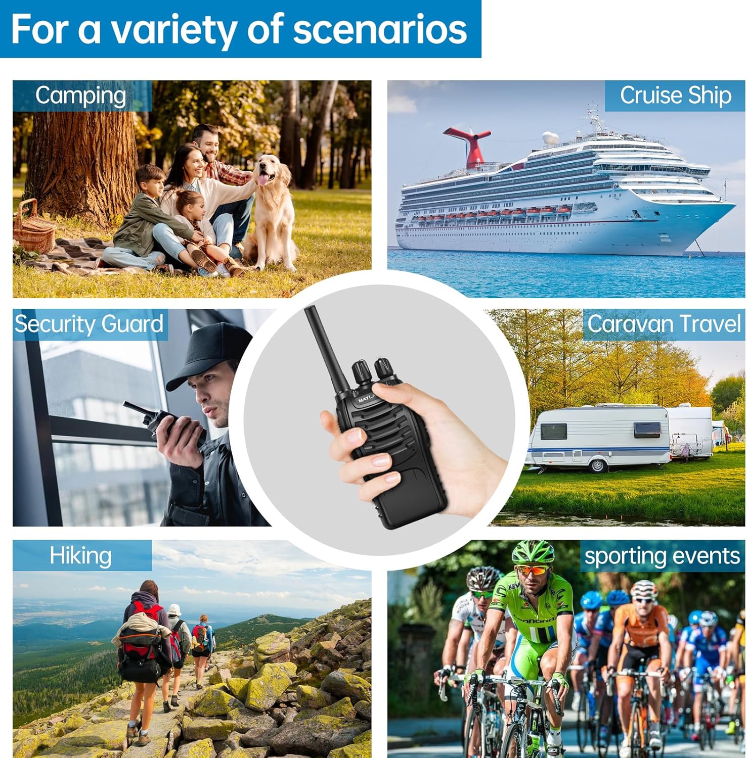 Maylawn Walkie Talkies Pack of 4, Long Range Walkie Talkies for Adults with Rechargeable Batteries, Portable 2 Way Radio with LED Light Earpieces 16CH Supports VOX Function (PMR446)