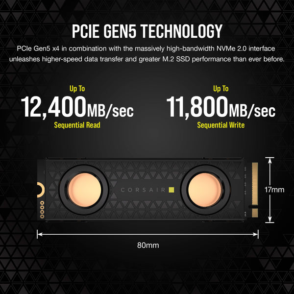 Corsair MP700 PRO 2TB M.2 PCIe Gen5 x4 NVMe 2.0 SSD – M.2 2280 – Up to 12,400MB/sec Sequential Read – High-Density TLC NAND – Black