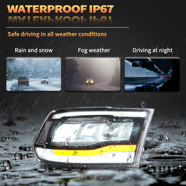 VLAND Motor LED Headlights compatible with RAM 1500 2500 3500 2009-2018 & RAM 1500 Classic 2019-2021, w/Startup dynamic display & Blue to white changing, Passenger & Driver Sides - Clear reflector