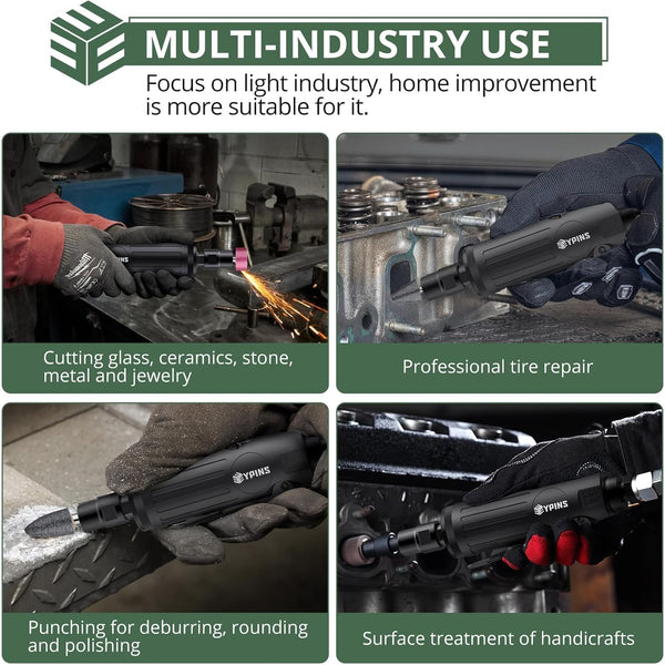 EYPINS Pneumatic Mini Air Die Grinder 1/4" & 1/8" - 25000RPM High-Speed Straight Grinding Tool with Safety Lock, Grinding Stones Kit for Metal, Wood, Plastic Polishing, Grinding & Rust Removal