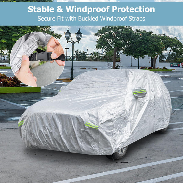 COSTWAY Car Cover Waterproof, Universal Full Car Cover with Zipper Door, Reflective Strips & Storage Bag, All Weather Windproof Snowproof UV Protection (Fit Sedan, Length Up to 190”(482cm))