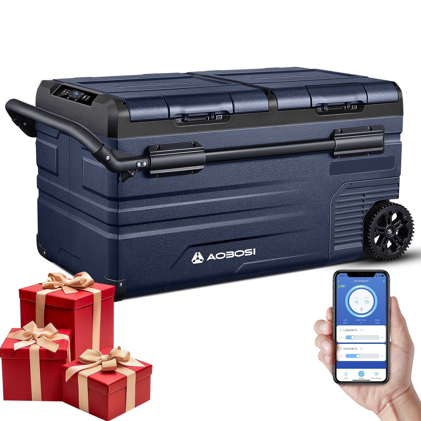 AAOBOSI Compressor Camping Fridge 95L, Car Fridge Dual Zone with 12/24V DC and 100-240V AC, -20°C to 20°C Portable Freezer for Car, Campervan, Lorry, Truck, Boat