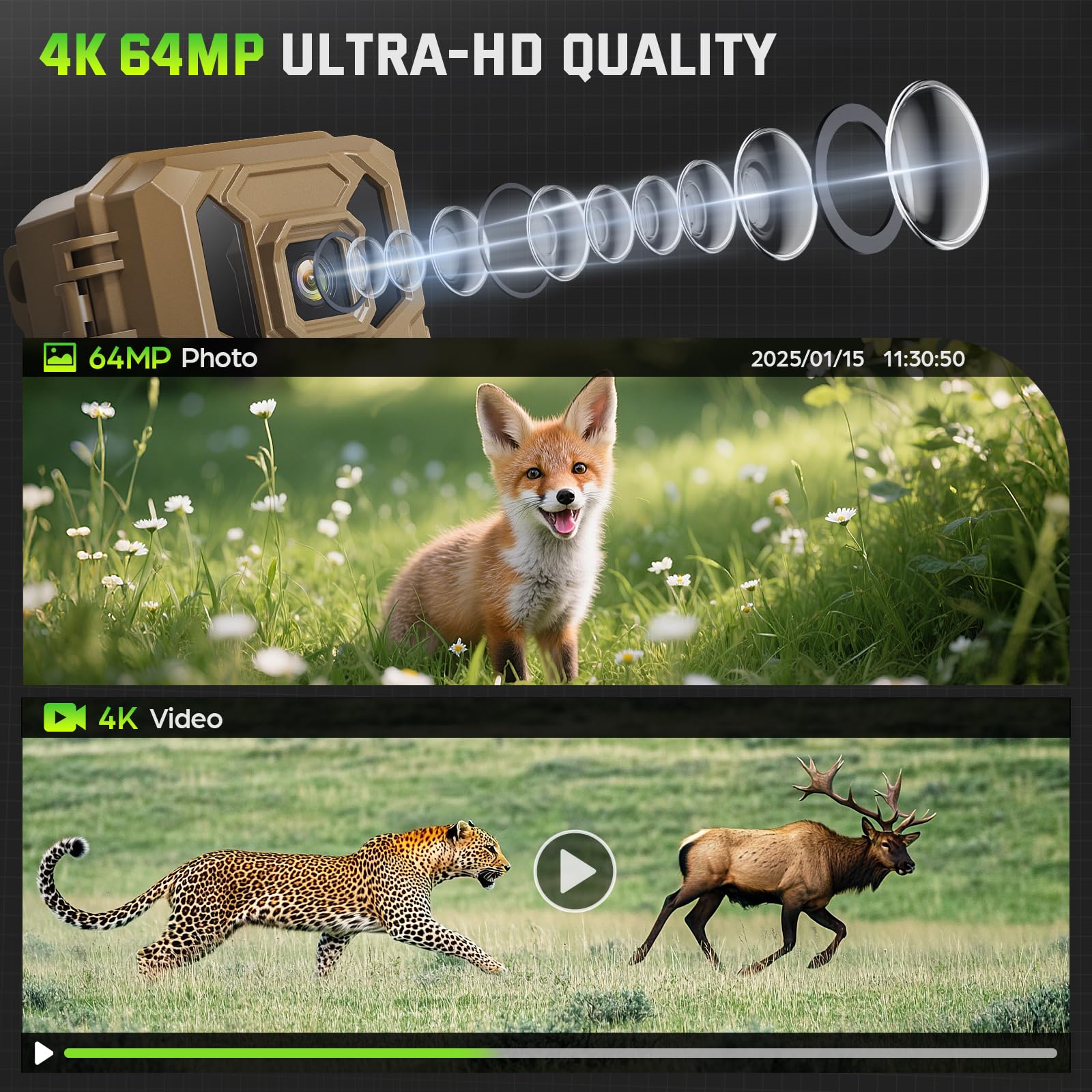 Wildlife Camera - 4K 64MP WiFi Trail Cameras With Night Vision Motion Activated Waterproof IP66 with 32GB SD Card, Garden Camera Solar Power, Built-in Rechargeable Battery, 0.2s Trigger