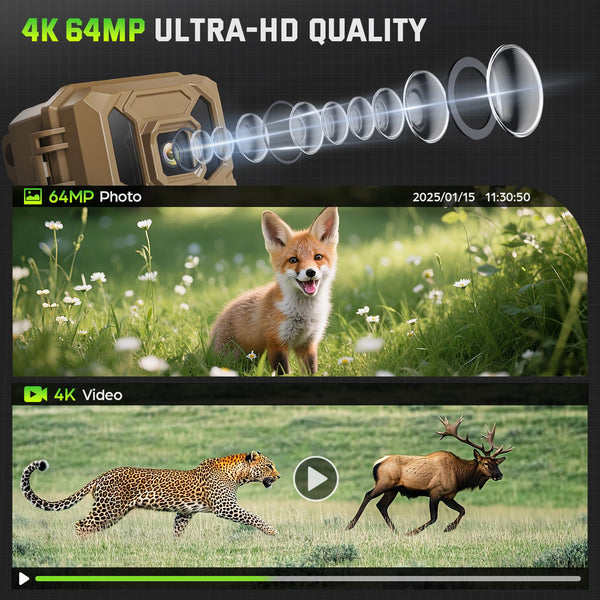 Wildlife Camera - 4K 64MP WiFi Trail Cameras With Night Vision Motion Activated Waterproof IP66 with 32GB SD Card, Garden Camera Solar Power, Built-in Rechargeable Battery, 0.2s Trigger