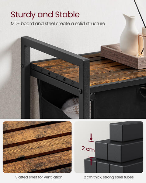 VASAGLE Laundry Basket, Laundry Hamper, Pull-Out and Removable Liner Bag, Shelf, Metal Frame, 65 L, 50 x 33 x 72 cm, Ink Black and Rustic Brown BLH101B01