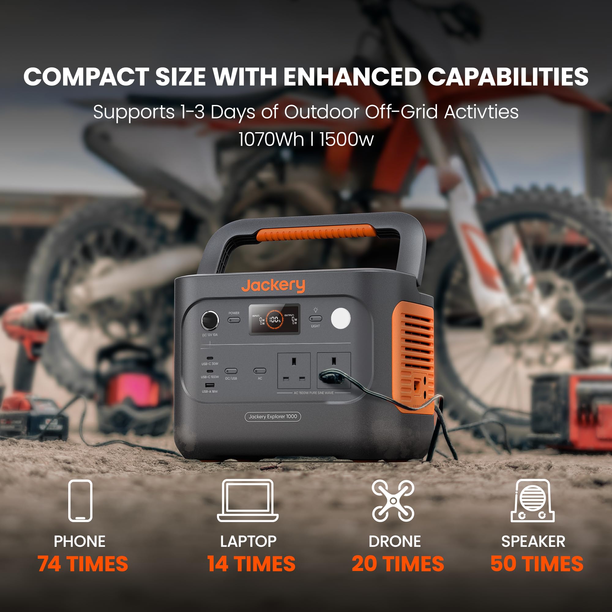 Jackery Explorer 1000V2 Portable Power Station (2024 New) + 2x 100W Solar Panels + 5M Extension Cable, 1070Wh LiFePO4, 1500W AC & 100W USB-C Output, 1-Hour Fast Charge