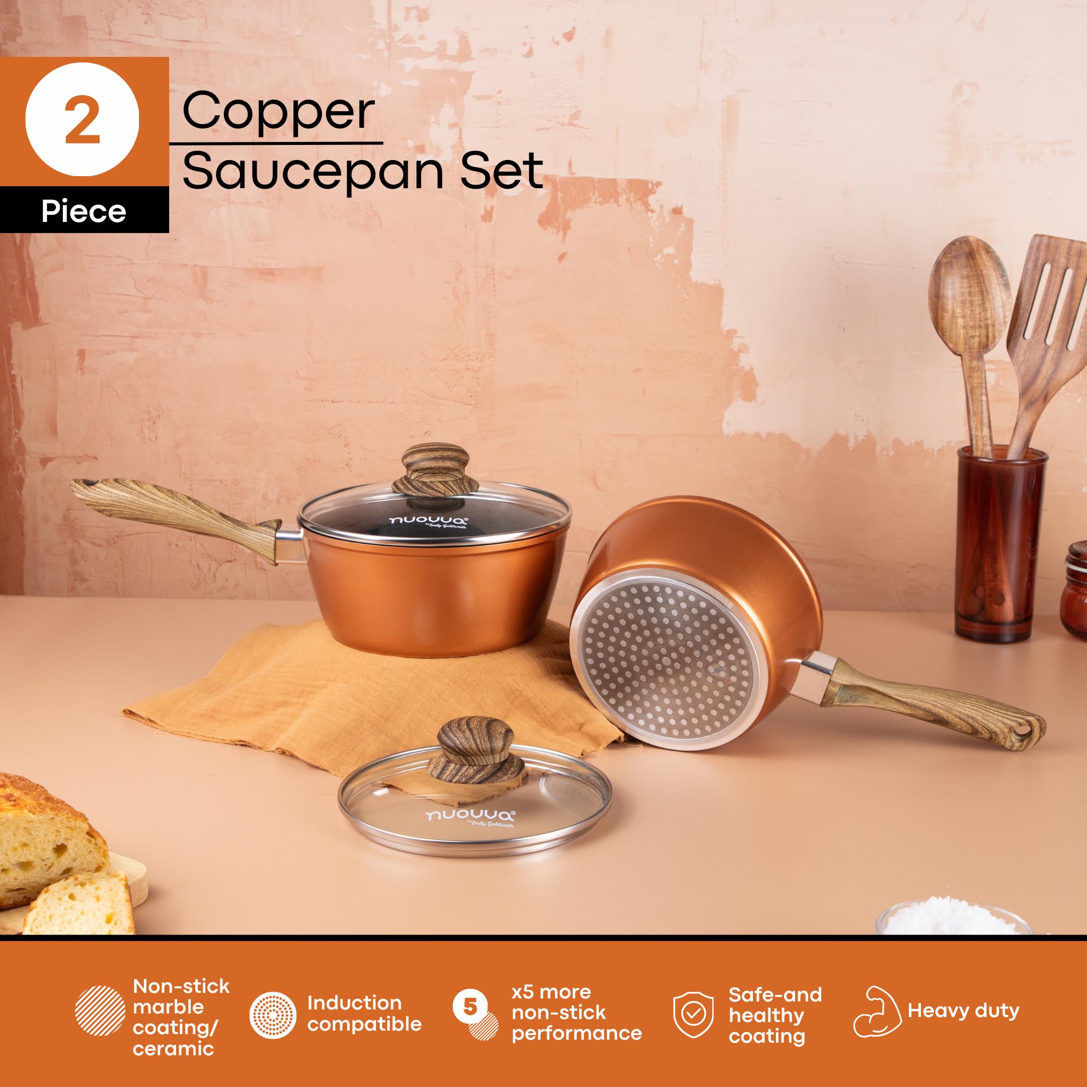 Induction Saucepan Set with Lid  Non Stick Saucepan for Induction  2pcs Copper Sauce Pan  16cm, 18cm Saucepot Set  by Nuovva