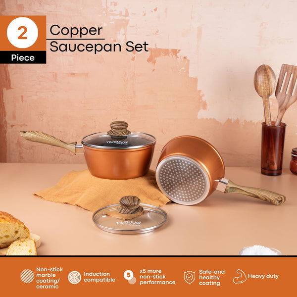 Induction Saucepan Set with Lid  Non Stick Saucepan for Induction  2pcs Copper Sauce Pan  16cm, 18cm Saucepot Set  by Nuovva