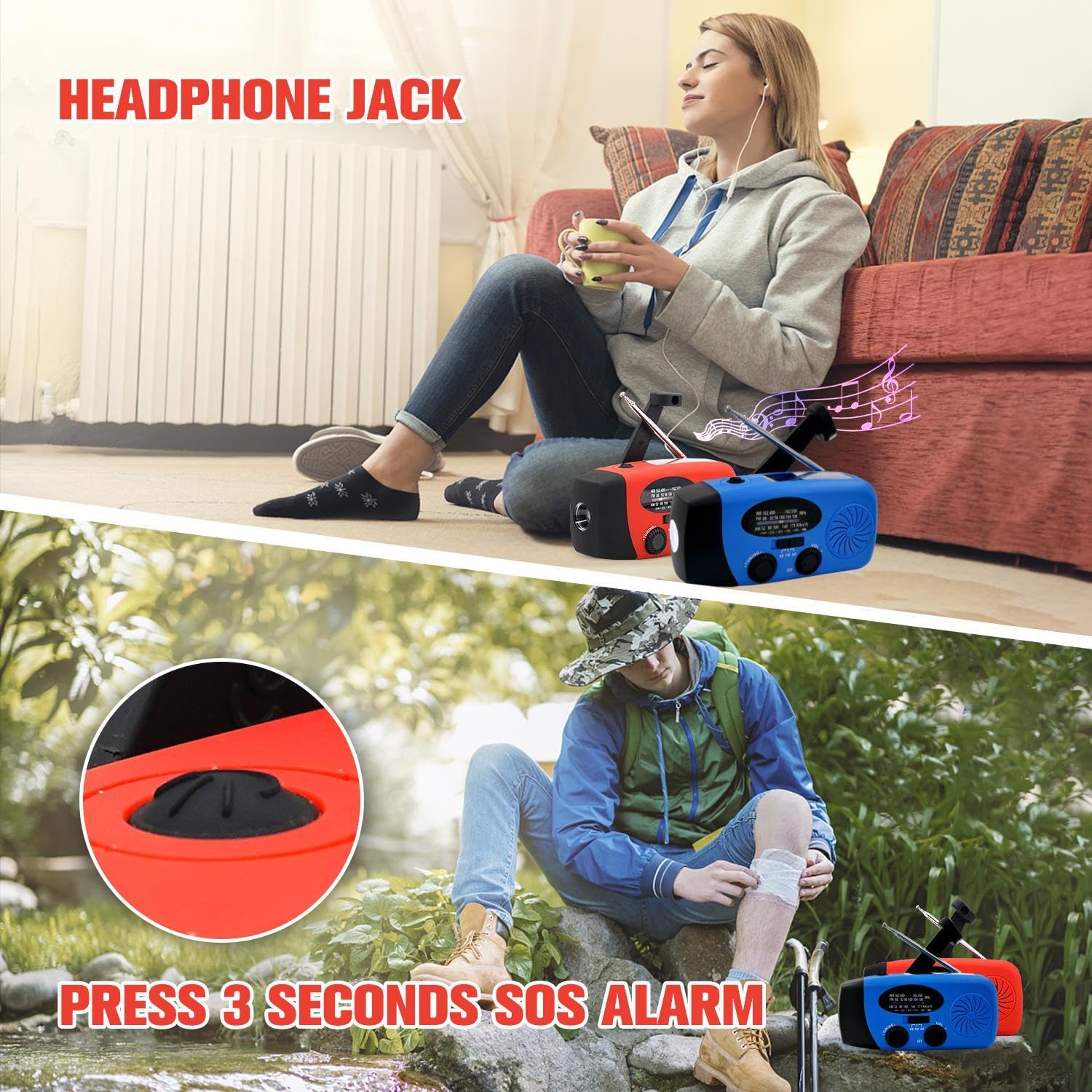 iRonsnow Solar Emergency Hand Crank Weather Radio, Portable Self Powered NOAA AM/FM Radios with SOS Alarm LED Flashlight 2000mAh Smart Phone USB Charger for Camping (Red)