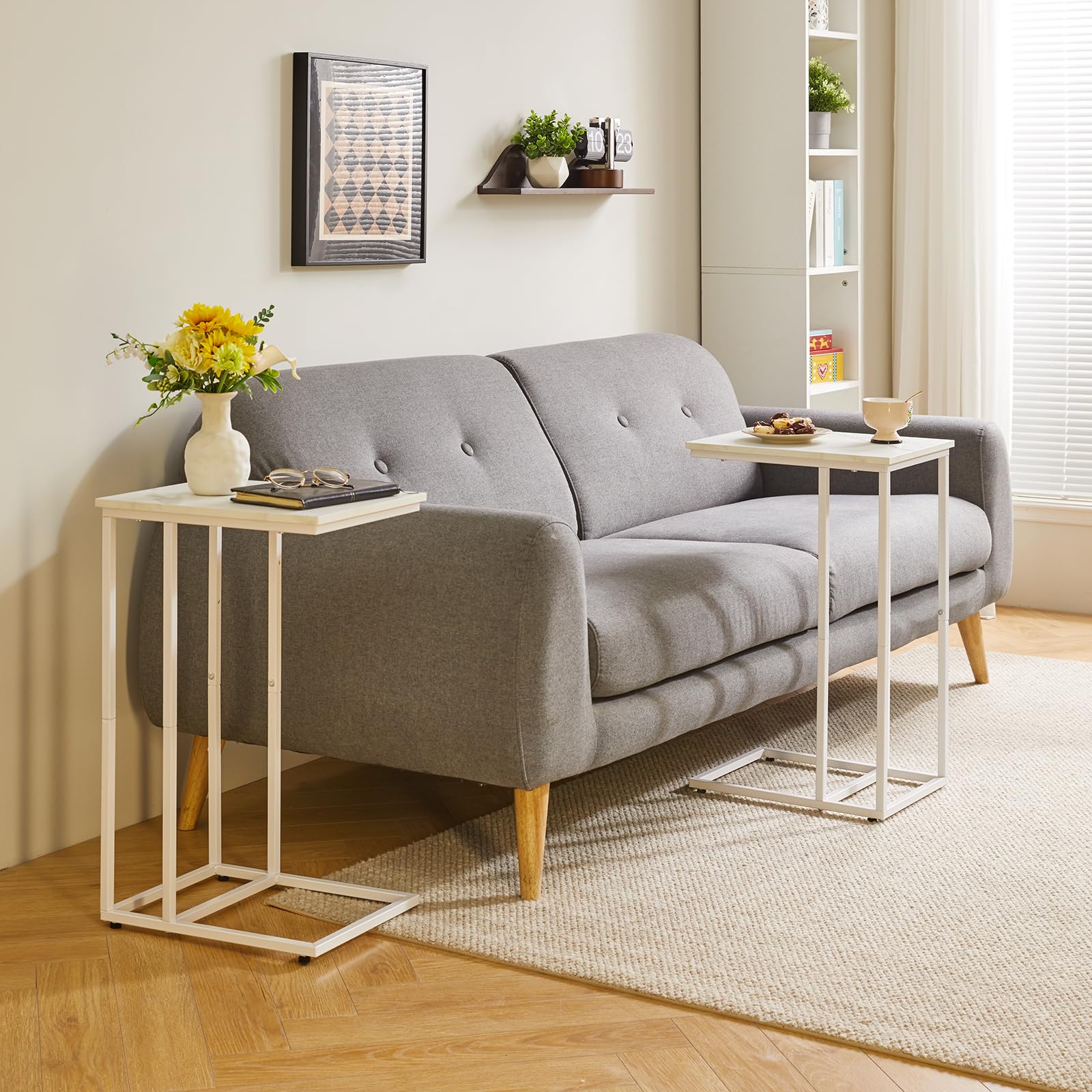 Aibiju Set of 2 Sofa Side Table,C Shaped End Table, Snack Coffee Laptop Desk with Metal Frame for Office, Living Room, Bedroom, White Faux Marble and