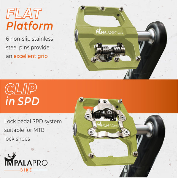 IMPALAPRO Dual Function Bicycle Pedals - Flat & SPD Clipless - 9/16'' Yellow