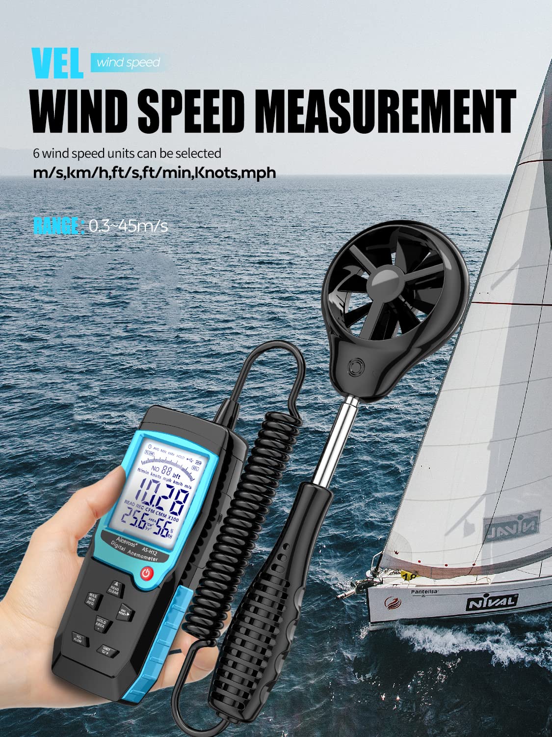 Aicevoos H12 Digital Anemometer Handheld Wind Speed Meter with Extended Wind Sensor, Measures Wind Speed Wind Flow Temperature and Humidity CFM Air