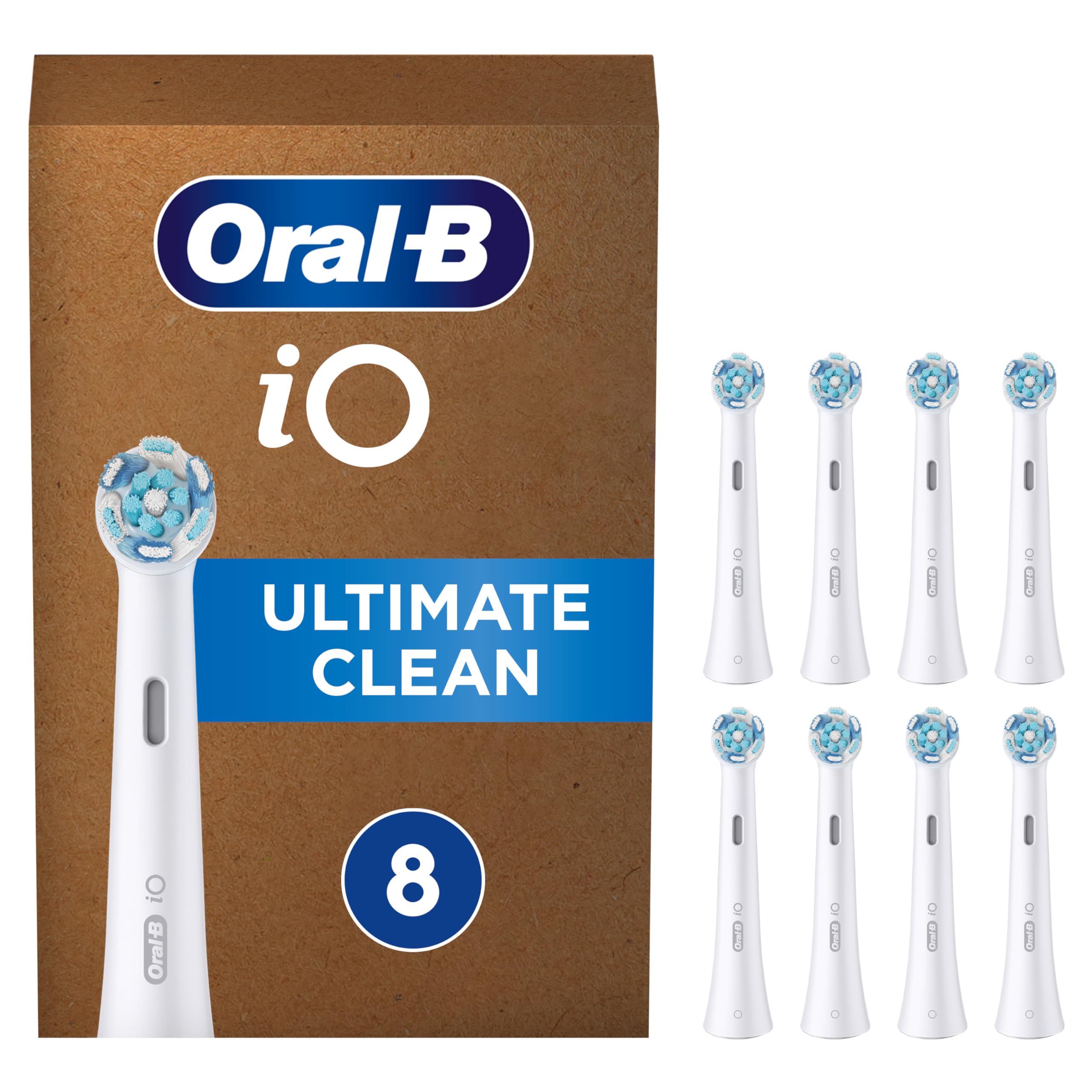 Oral-B iO Ultimate Clean ORIGINAL Electric Toothbrush Head, Oral B Electric Toothbrush Heads, Twisted & Angled Bristles for Deeper Plaque Removal, Pack of 8, Suitable for Mailbox, White